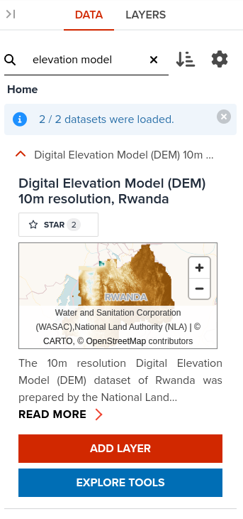 Search elevation data by typing elevation model in DATA tab