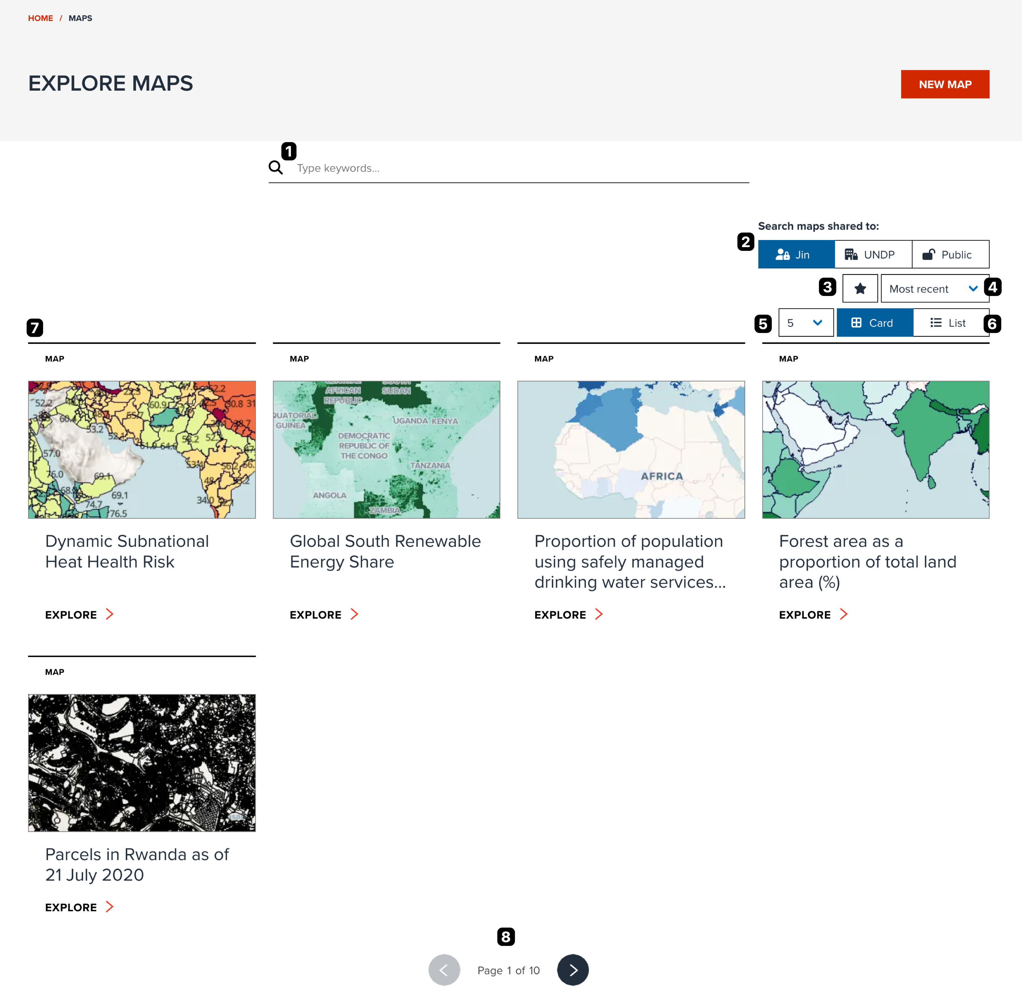 Overview of Maps page to explore existing maps